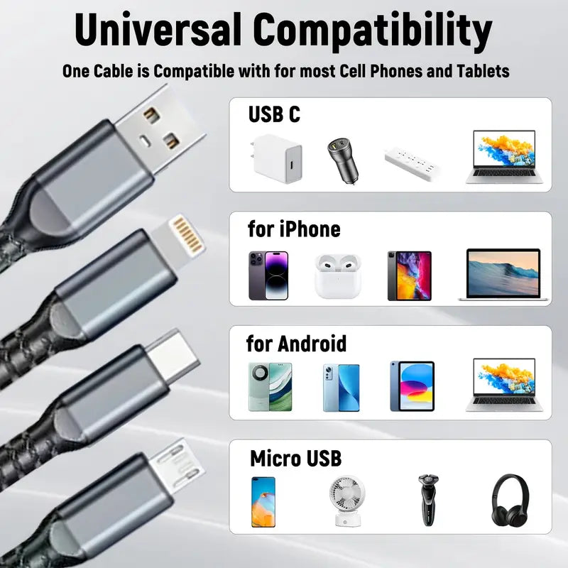 3-in-1 Fast Charging Cable 100W with LED Display – Type-C, Micro USB & Lightning