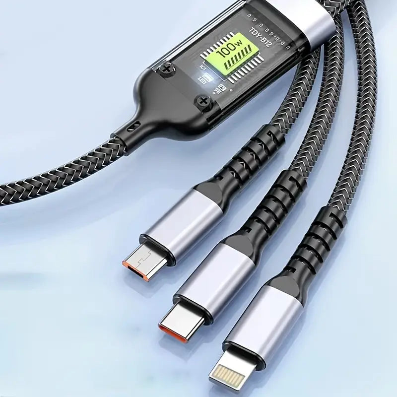 3-in-1 Fast Charging Cable 100W with LED Display – Type-C, Micro USB & Lightning
