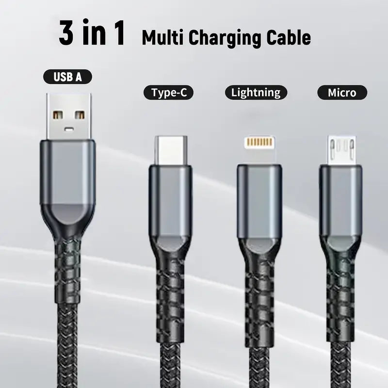 3-in-1 Fast Charging Cable 100W with LED Display – Type-C, Micro USB & Lightning