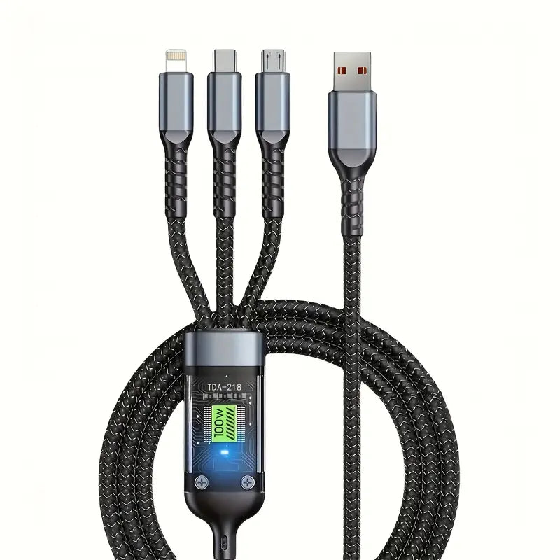 3-in-1 Fast Charging Cable 100W with LED Display – Type-C, Micro USB & Lightning